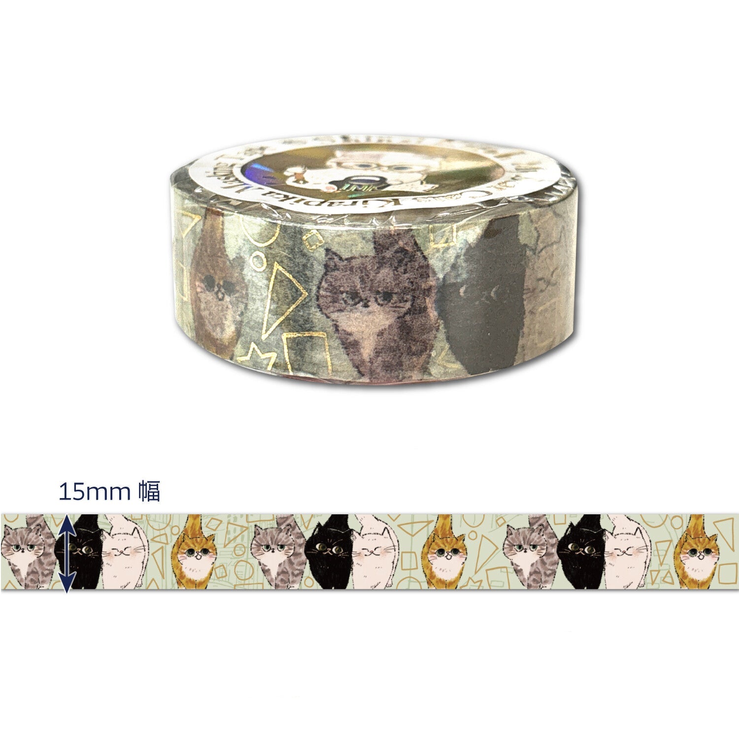 A roll of decorative masking tape featuring illustrated cats and geometric gold foil patterns, shown on a white background.