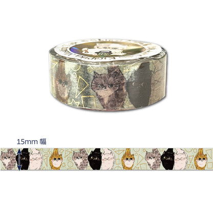 A roll of decorative masking tape featuring illustrated cats and geometric gold foil patterns, shown on a white background.