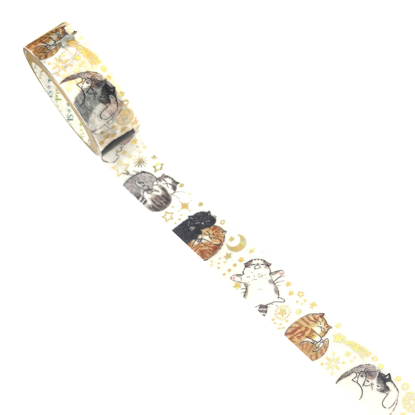 A roll of decorative washi tape featuring a whimsical pattern of sleeping cats, stars, and crescent moons on a cream background.