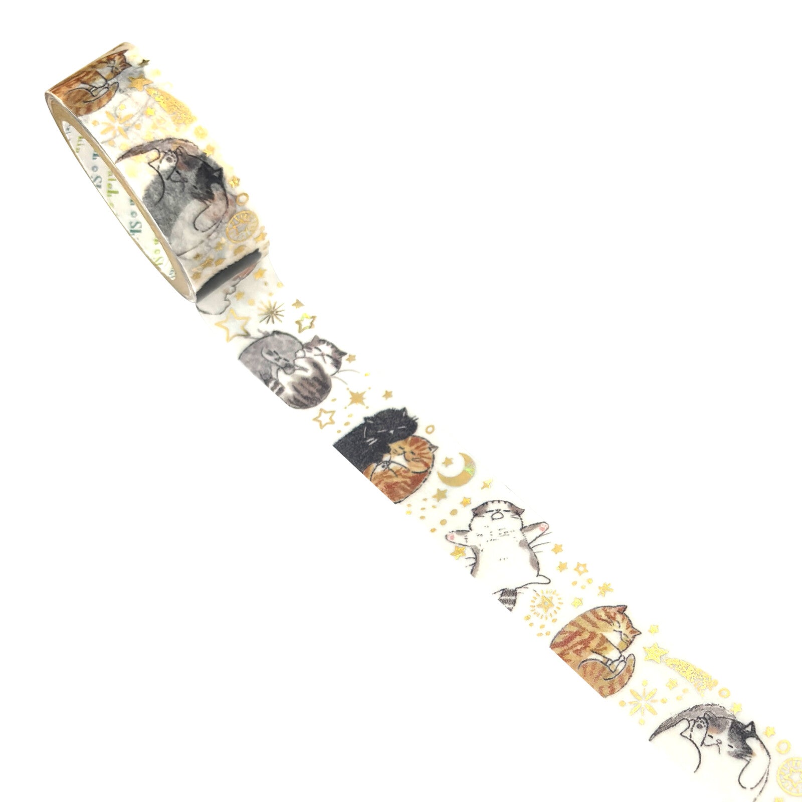 A roll of decorative washi tape featuring a whimsical pattern of sleeping cats, stars, and crescent moons on a cream background.