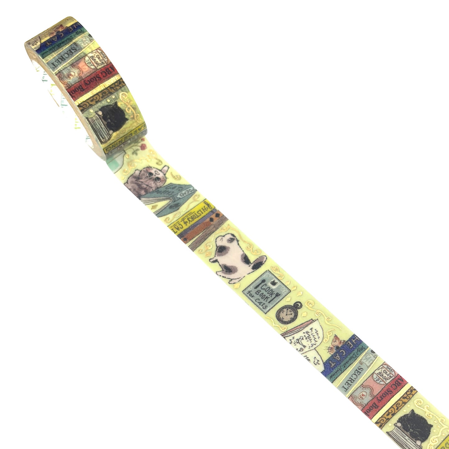 A roll of decorative washi tape featuring a vintage cat theme with illustrations of cats, books, and other items on a pale yellow background.