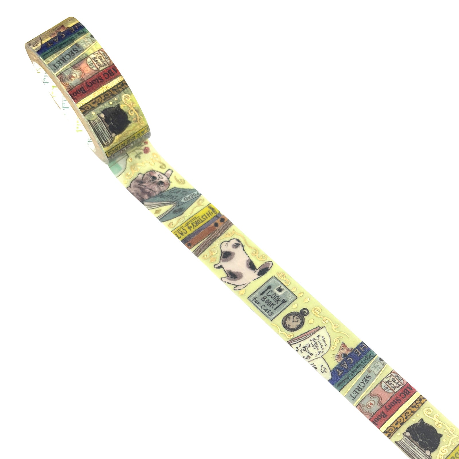 A roll of decorative washi tape featuring a vintage cat theme with illustrations of cats, books, and other items on a pale yellow background.