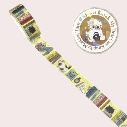 A roll of decorative tape featuring vintage book and cat illustrations, shown diagonally on a pale pink background.