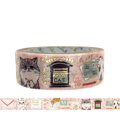 A roll of decorative washi tape with illustrated cats, envelopes, and gold foil accents, shown on a white background and a narrow strip preview along the bottom.