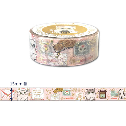 A roll of decorative masking tape with cats, flowers, and small illustrated motifs.