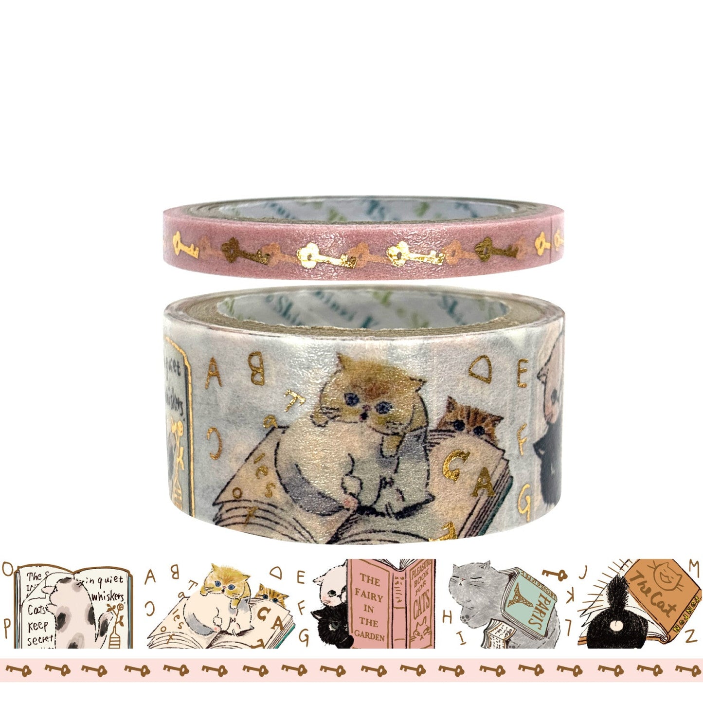 My Dear Cats decorative masking tape shown in two rolls on a white background. The main product is a patterned tape featuring cats, books, and gold key motifs.