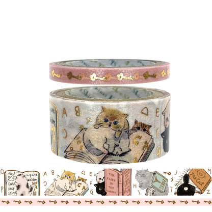 My Dear Cats decorative masking tape shown in two rolls on a white background. The main product is a patterned tape featuring cats, books, and gold key motifs.