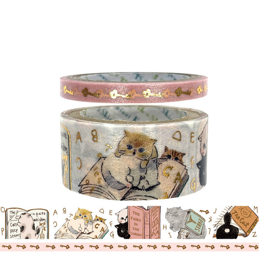 My Dear Cats decorative masking tape shown in two rolls on a white background. The main product is a patterned tape featuring cats, books, and gold key motifs.