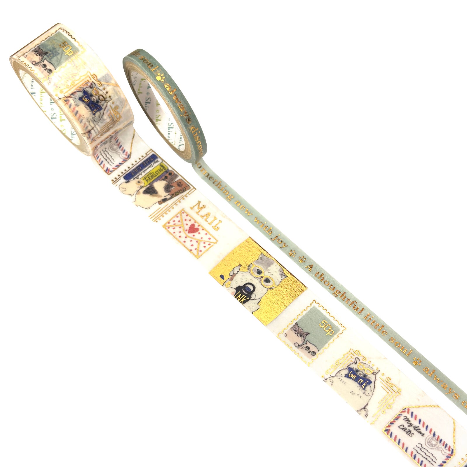 A roll of decorative washi tape with a vintage postage stamp design, shown partially unrolled on a plain white background.