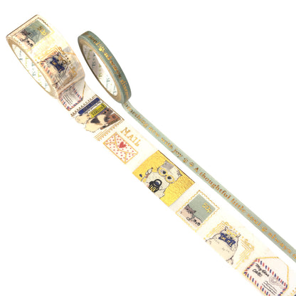 A roll of decorative washi tape with a vintage postage stamp design, shown partially unrolled on a plain white background.