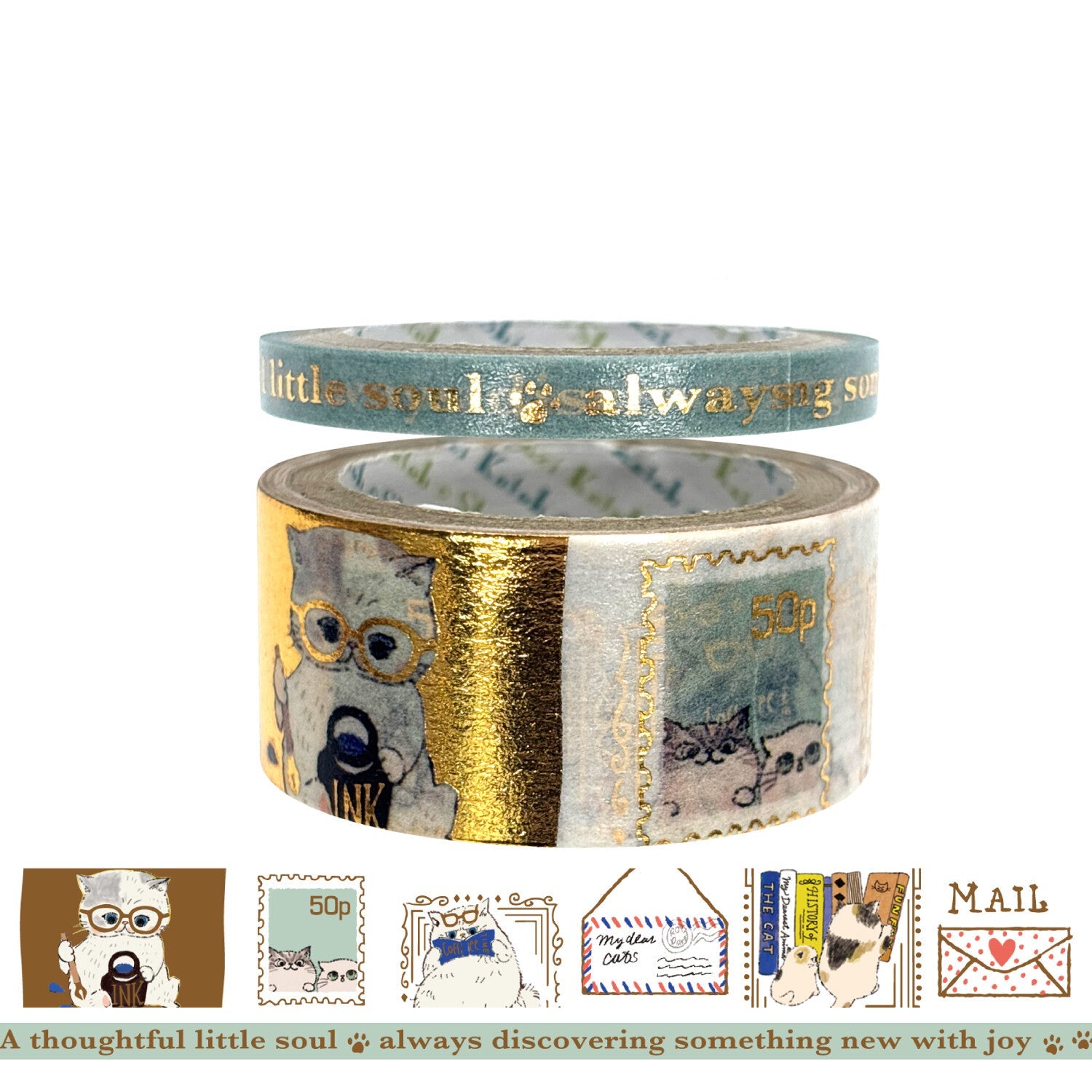 Two rolls of decorative masking tape featuring cat-themed designs and postage stamp illustrations on a white background.