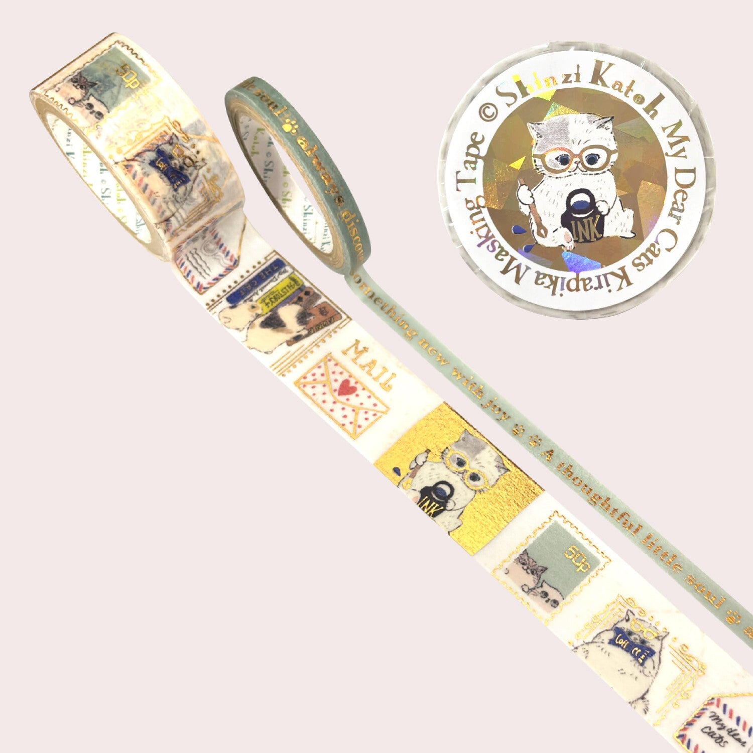 A roll of decorative washi tape with vintage cat-themed mail designs, shown partially unrolled on a pale pink background.