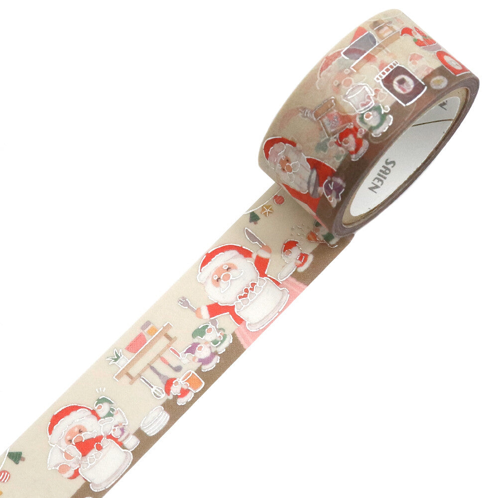 SAIEN - Limited Winter Edition 20mm Foil-Stamped Washi Tape - Santa and Elves Make a Cake!
