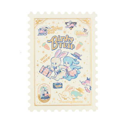 OB1TOY x ROKKAKU - Stamp-Shaped Foil-Embossed Postcard - Binky Trip