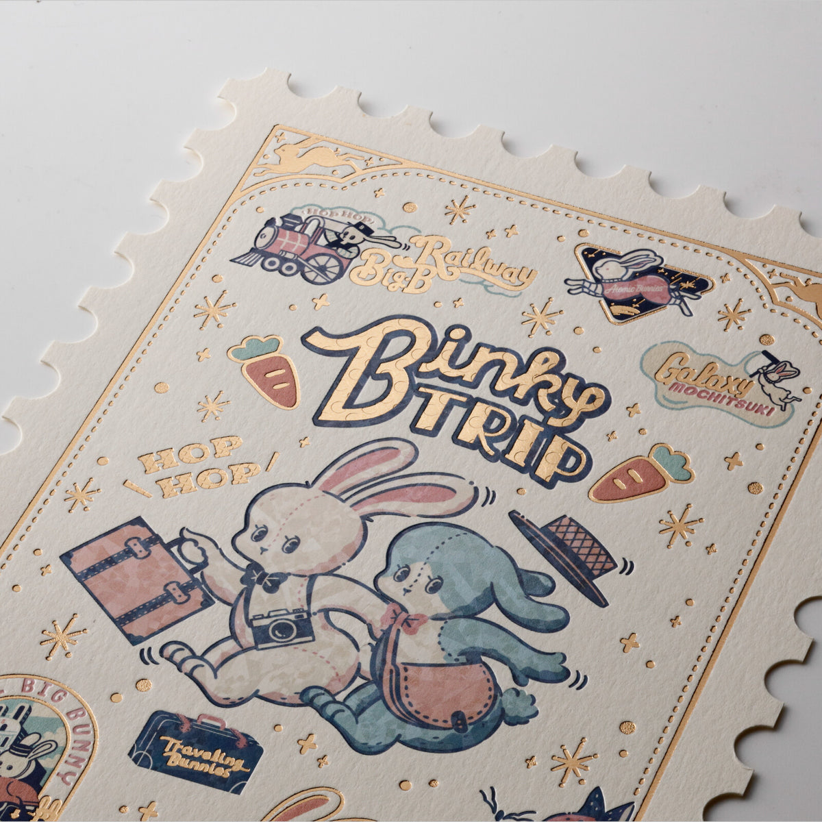 OB1TOY x ROKKAKU - Stamp-Shaped Foil-Embossed Postcard - Binky Trip