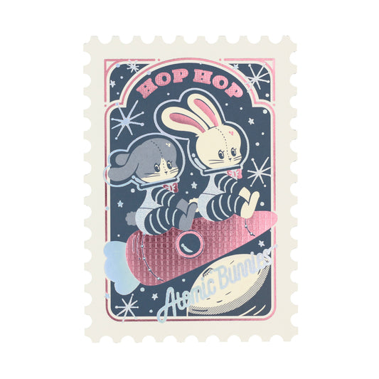 OB1TOY x ROKKAKU - Stamp-Shaped Foil Postcard - Atomic Bunnies