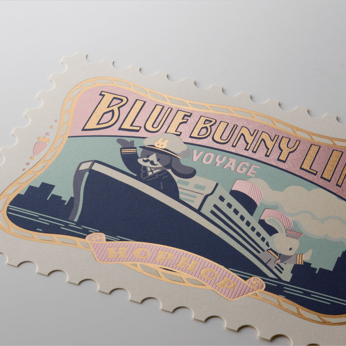 OB1TOY x ROKKAKU - Stamp-Shaped Foil-Embossed Postcard - Blue Bunny Line