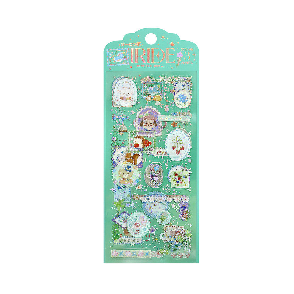 A mint green decorative sticker sheet package with pastel cartoon illustrations and small decorative elements, shown on a white background.