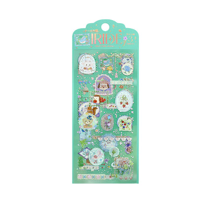 A mint green decorative sticker sheet package with pastel cartoon illustrations and small decorative elements, shown on a white background.