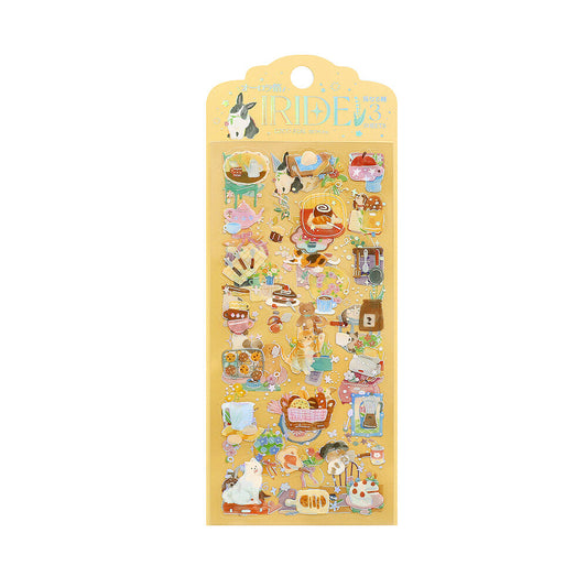 A package of cute illustrated stickers on a yellow backing card, shown against a plain white background. The sheet includes many pastel-colored animal and tea-themed designs.