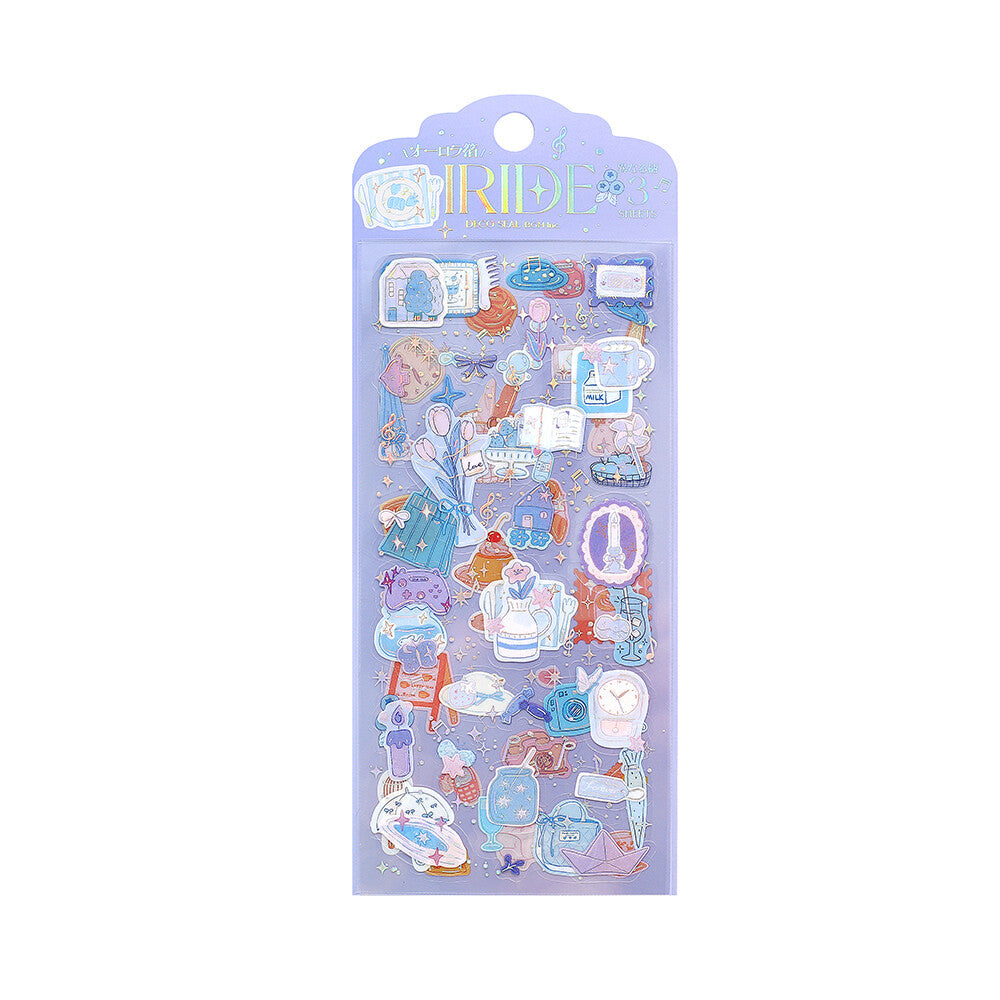 A sheet of decorative PET stickers in a lavender-blue package, featuring cute illustrated characters and objects. The package is shown on a plain white background.
