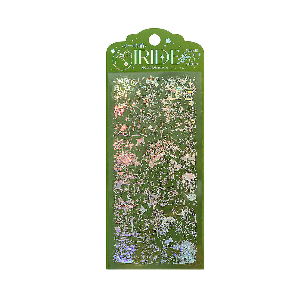 A packaged holographic PET sticker pack with intricate forest and fairy illustrations, shown on a white background.