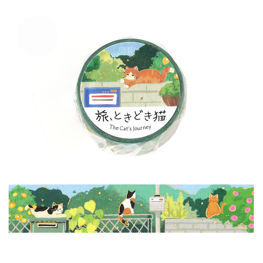 A roll of decorative washi tape with an illustrated cat-themed design, shown wrapped in clear plastic above an unrolled section displaying the full pattern. The design features cats in a garden setting with a mailbox and flowers.