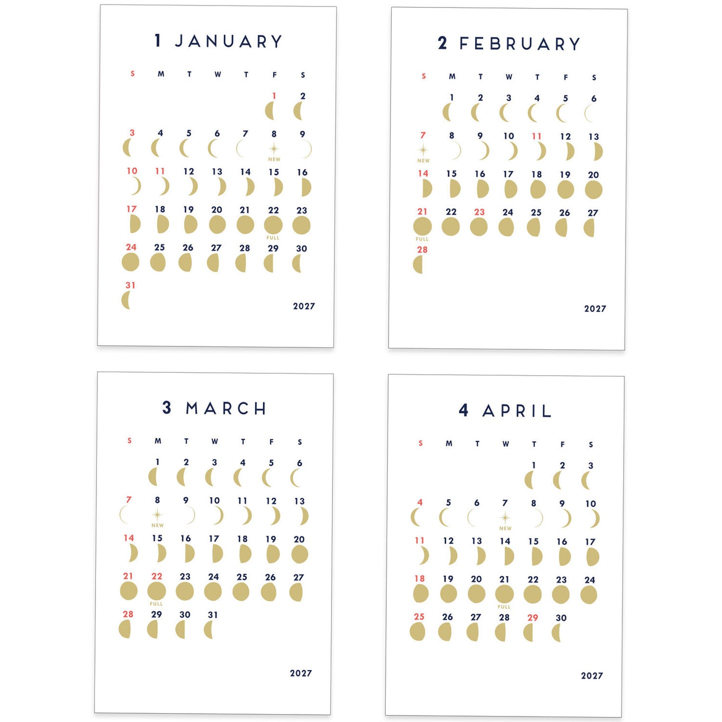 Four minimalist monthly calendar prints for January through April 2027, arranged in a 2x2 grid on a white background. Each print features a clean white page with navy month labels, gray weekday headers, and gold moon phases and dates highlighted in red and gold.