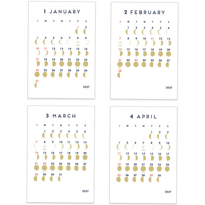 Four minimalist monthly calendar prints for January through April 2027, arranged in a 2x2 grid on a white background. Each print features a clean white page with navy month labels, gray weekday headers, and gold moon phases and dates highlighted in red and gold.
