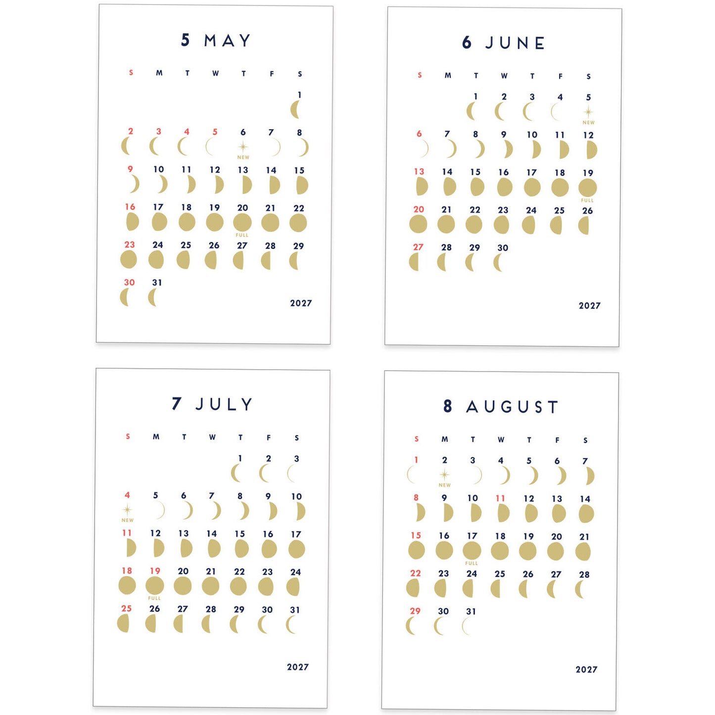 Four monthly calendar pages from May to August 2027, arranged in a 2x2 grid on a white background. Each page shows a minimalist layout with moon phase illustrations in gold and a few dates highlighted in red and blue.