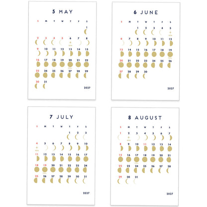 Four monthly calendar pages from May to August 2027, arranged in a 2x2 grid on a white background. Each page shows a minimalist layout with moon phase illustrations in gold and a few dates highlighted in red and blue.