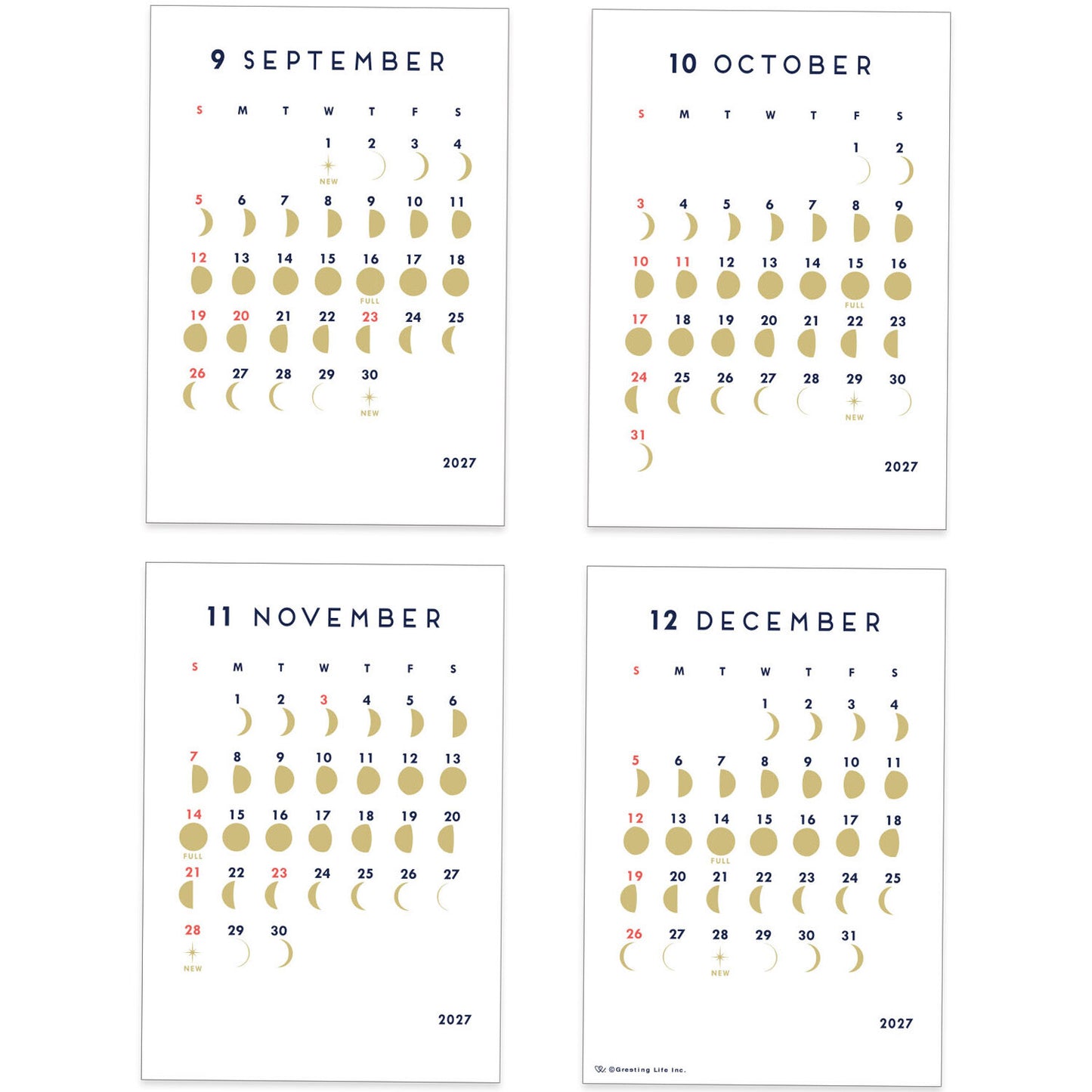 Four monthly calendar pages for September through December 2027, arranged in a 2x2 grid on a white background. Each page shows a clean monthly layout with navy month titles, black weekday labels, red weekdays on leap years, and gold moon phase graphics highlighting eclipse dates.