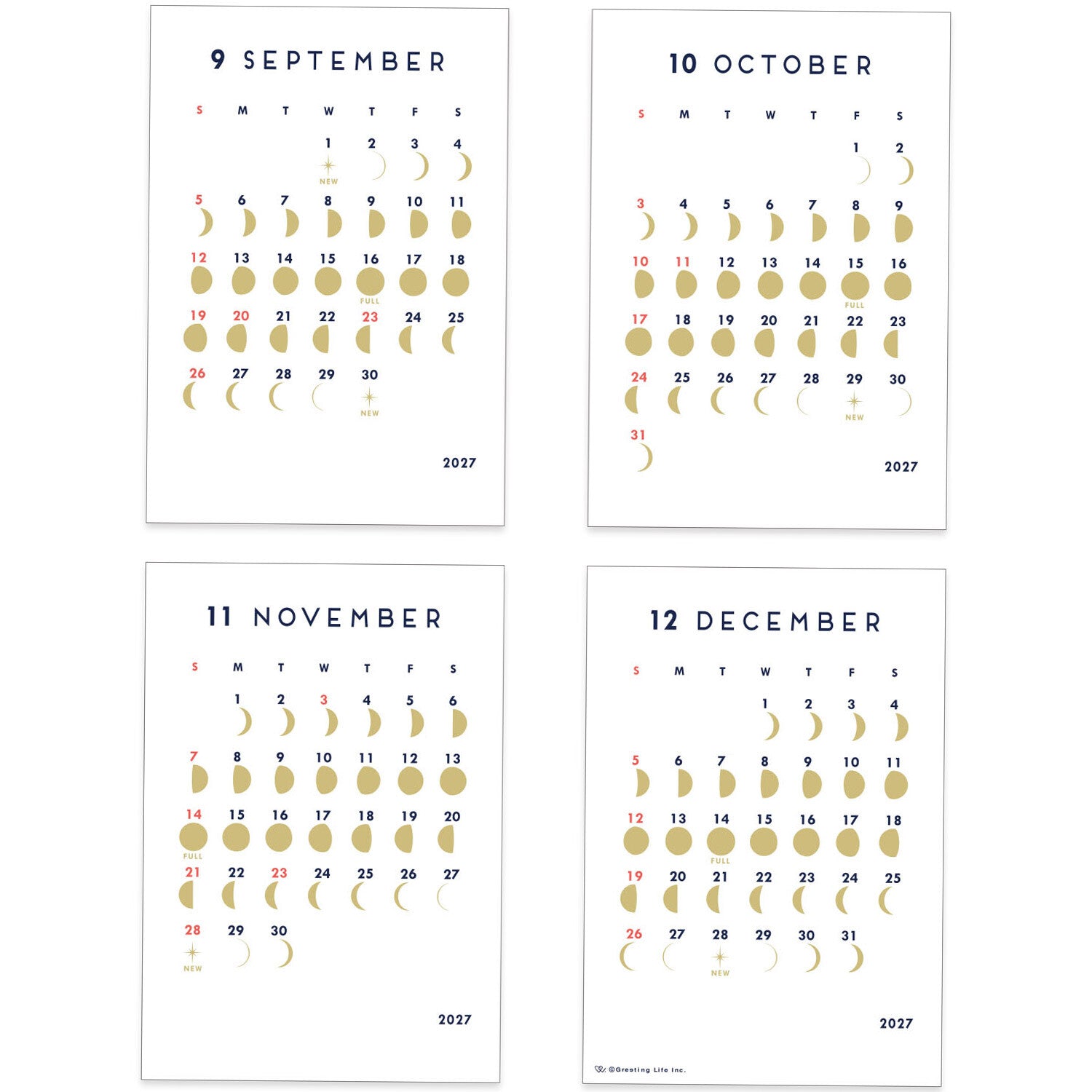 Four monthly calendar pages for September through December 2027, arranged in a 2x2 grid on a white background. Each page shows a clean monthly layout with navy month titles, black weekday labels, red weekdays on leap years, and gold moon phase graphics highlighting eclipse dates.