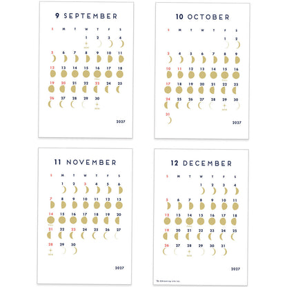 Four monthly calendar pages for September through December 2027, arranged in a 2x2 grid on a white background. Each page shows a clean monthly layout with navy month titles, black weekday labels, red weekdays on leap years, and gold moon phase graphics highlighting eclipse dates.