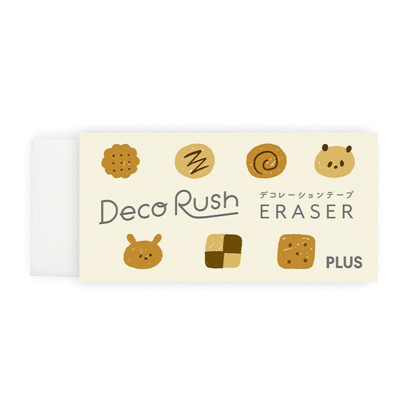 A cream-colored Deco Rush eraser with cute cookie illustrations shown on a plain white background.