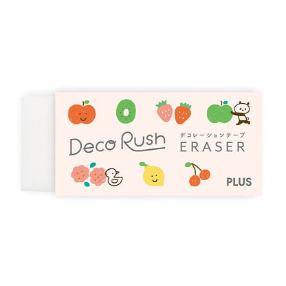 A Deco Rush Eraser with a pale pink background, decorated with cute cartoon fruits, a panda, and Japanese text.