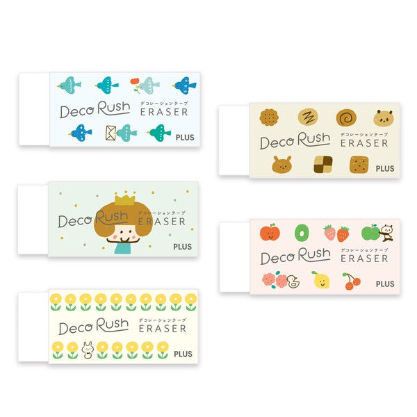 Six decorative erasers from Deco Rush Eraser PLUS arranged on a white background, each with a different pastel illustration including birds, cookies, a character with a crown, fruits, and flowers.