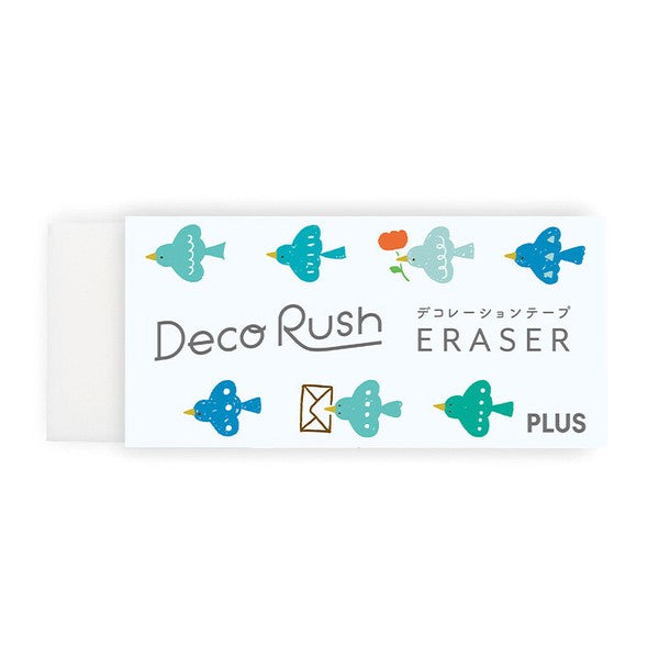 A Deco Rush eraser with colorful illustrated birds in blue, teal, and green, plus a small orange flower and a gold envelope icon.