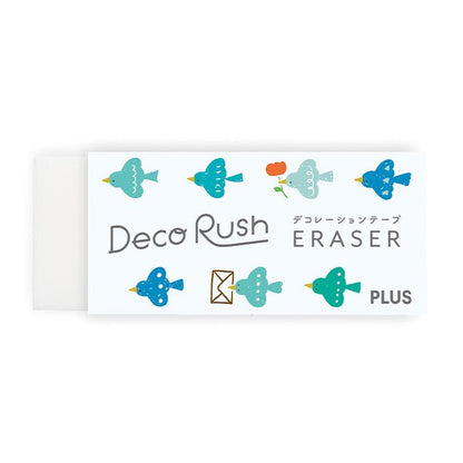 A Deco Rush eraser with colorful illustrated birds in blue, teal, and green, plus a small orange flower and a gold envelope icon.