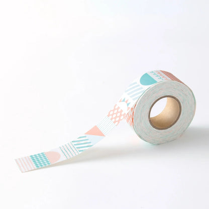 A roll of sticker tape with a pastel geometric pattern, partially unrolled on a clean white background.