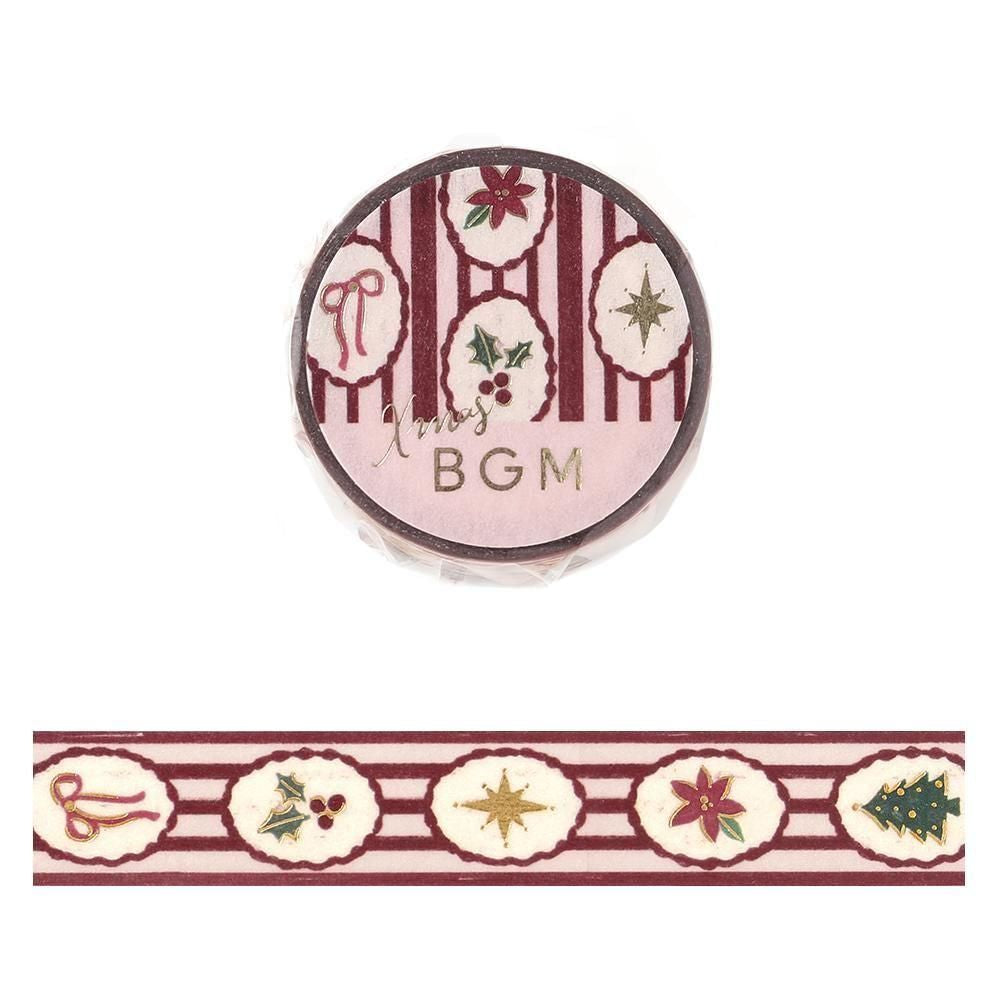 A roll of decorative washi tape with a Christmas theme, featuring red and white stripes and holiday motifs like holly, stars, and bows. A strip of the tape is shown below the roll.