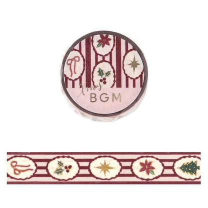 A roll of decorative washi tape with a Christmas theme, featuring red and white stripes and holiday motifs like holly, stars, and bows. A strip of the tape is shown below the roll.