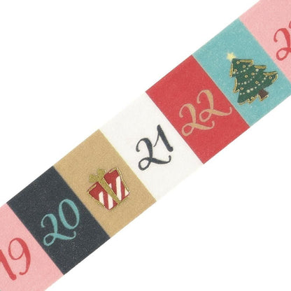 Christmas-themed washi tape showing festive panels with numbers, presents, and a Christmas tree. 