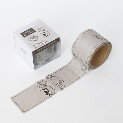 Roll of decorative sticky notes with floral designs and packaging on a white background