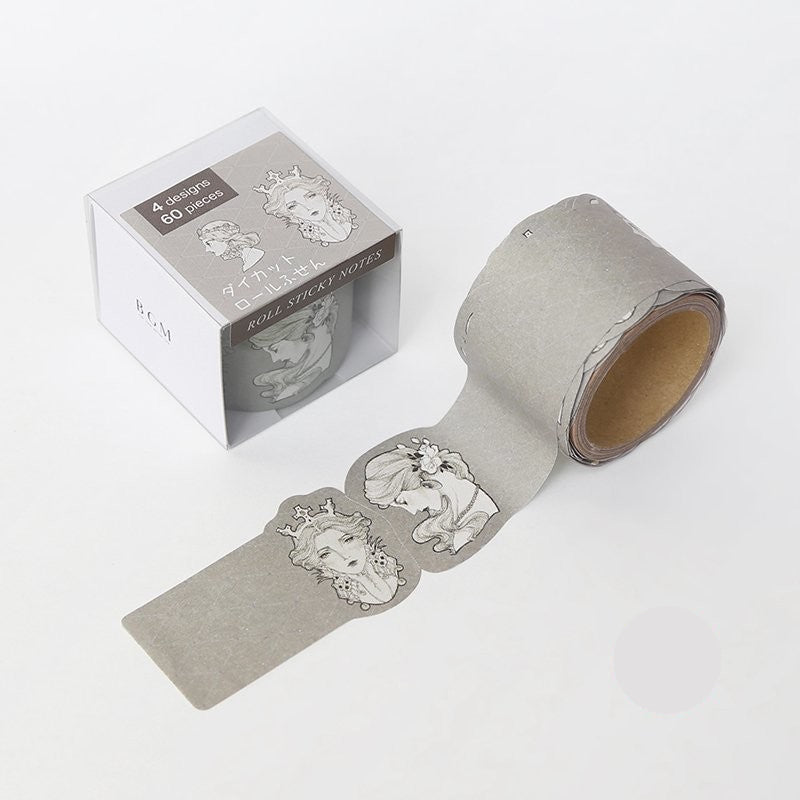Roll of decorative sticky notes with queen designs and packaging on a white background