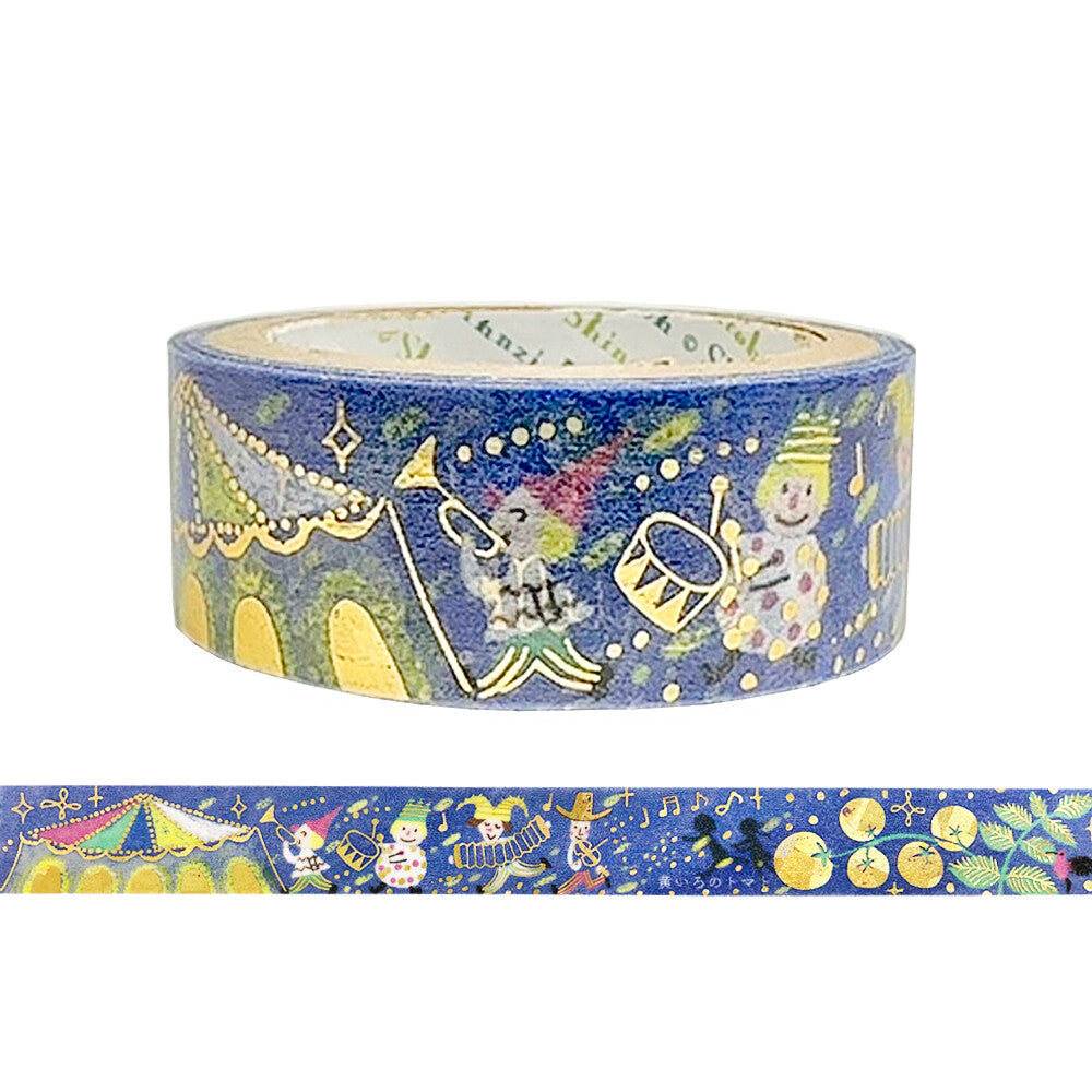Decorative tape with cartoon characters on a blue background, featuring Japanese text.