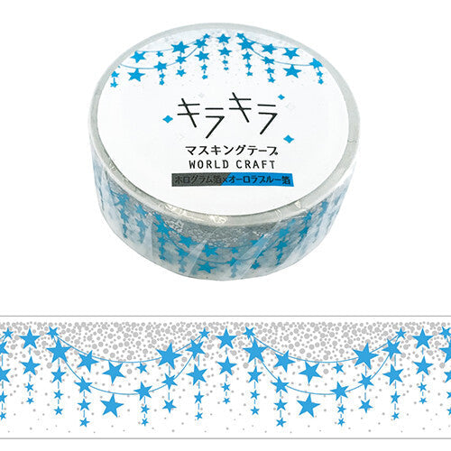 Washi tape with a metallic blue star garland pattern on a white background
