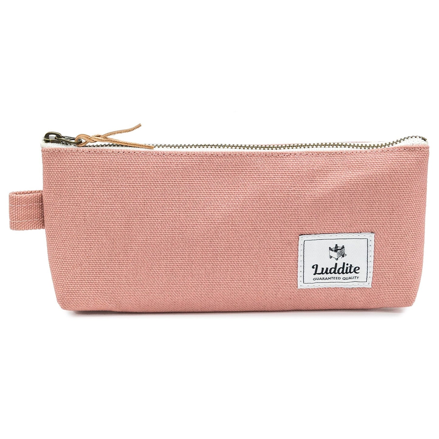 Pink pencil case with a visible brand label on a white background