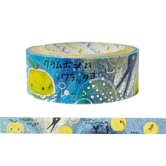 Decorative washi tape with asian pears, birds, and crabs on a blue background with foil details