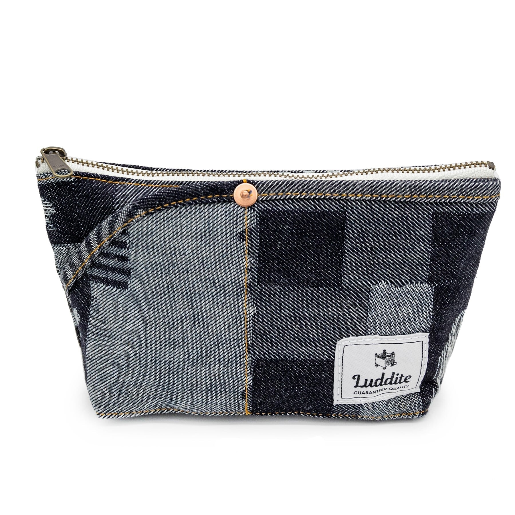 Multi patterned pouch with a Luddite brand label on a white background